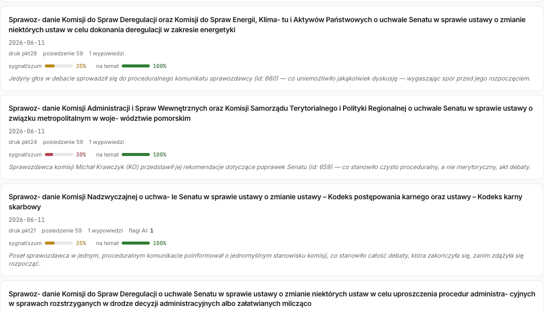Lista debat Sejmu z paskami sygnał/szum i krótkim werdyktem przy każdej